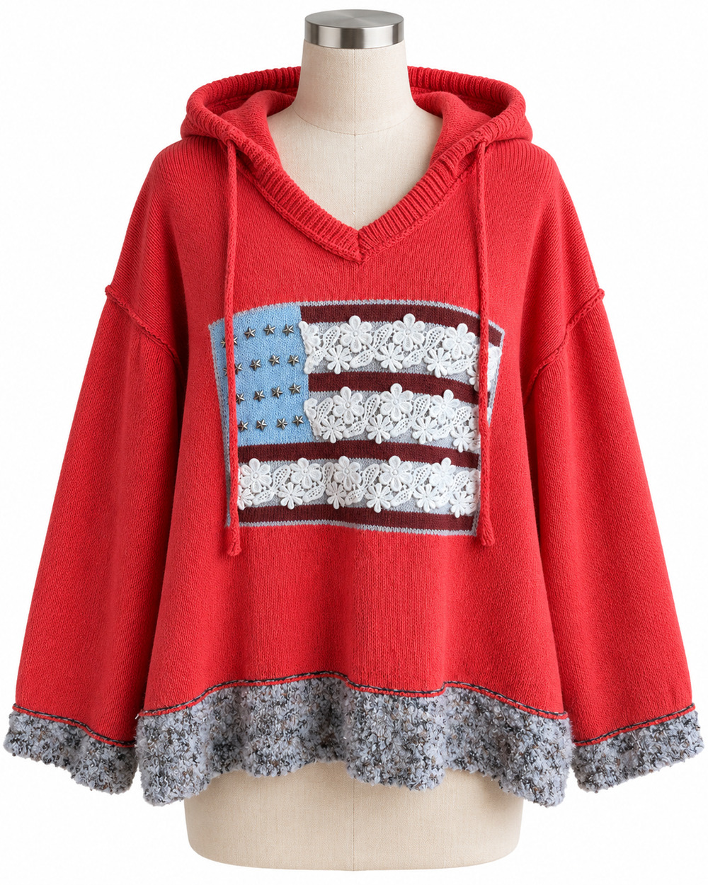 P O L Women's Coral V-Neck Chenille Hoodie American Flag Graphic Lace Size Small